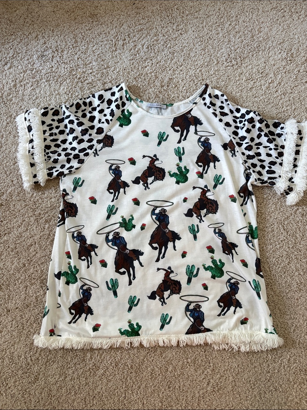 Misses White Cowboy Print Fringe Sleeve Top